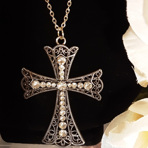 Handmade Cross Pendant Necklace Gold With Rhinestones 23" long Chain - Picture 2 of 4